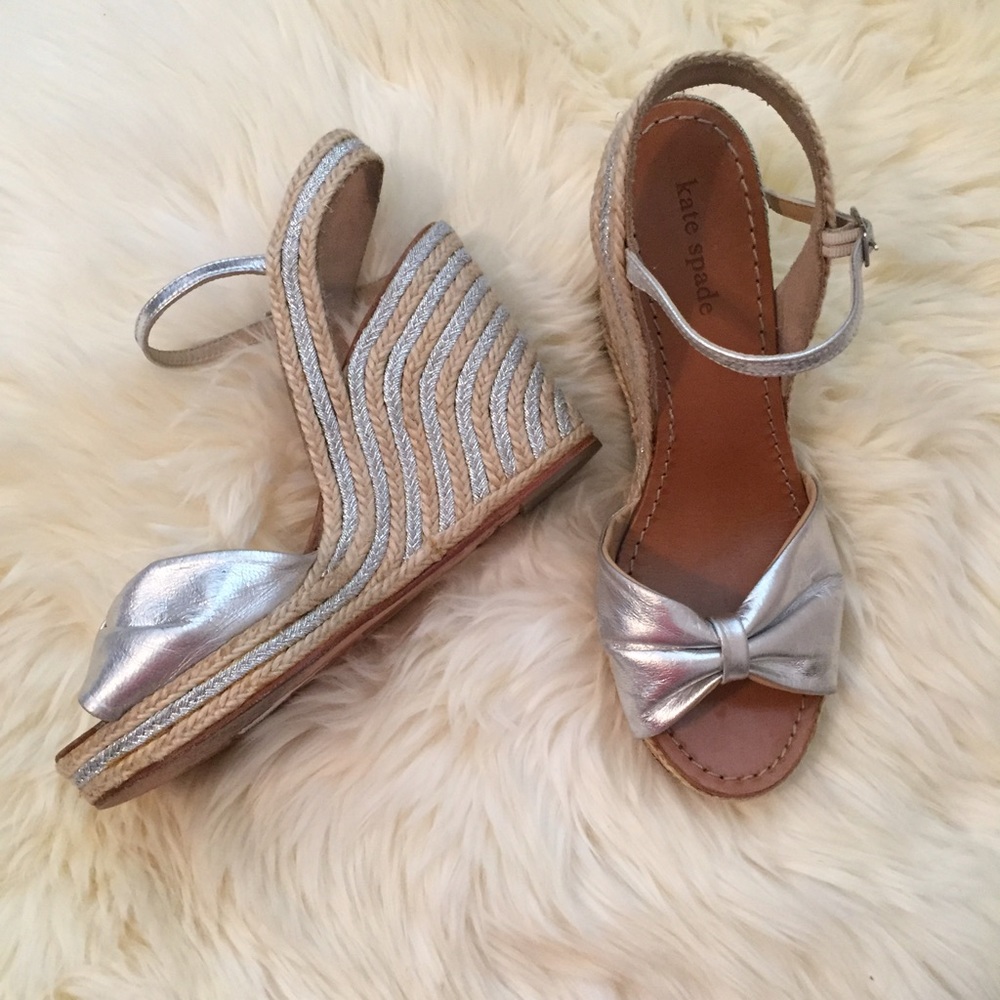 Kate Spade Silver Metallic Bow Espadrille Wedge